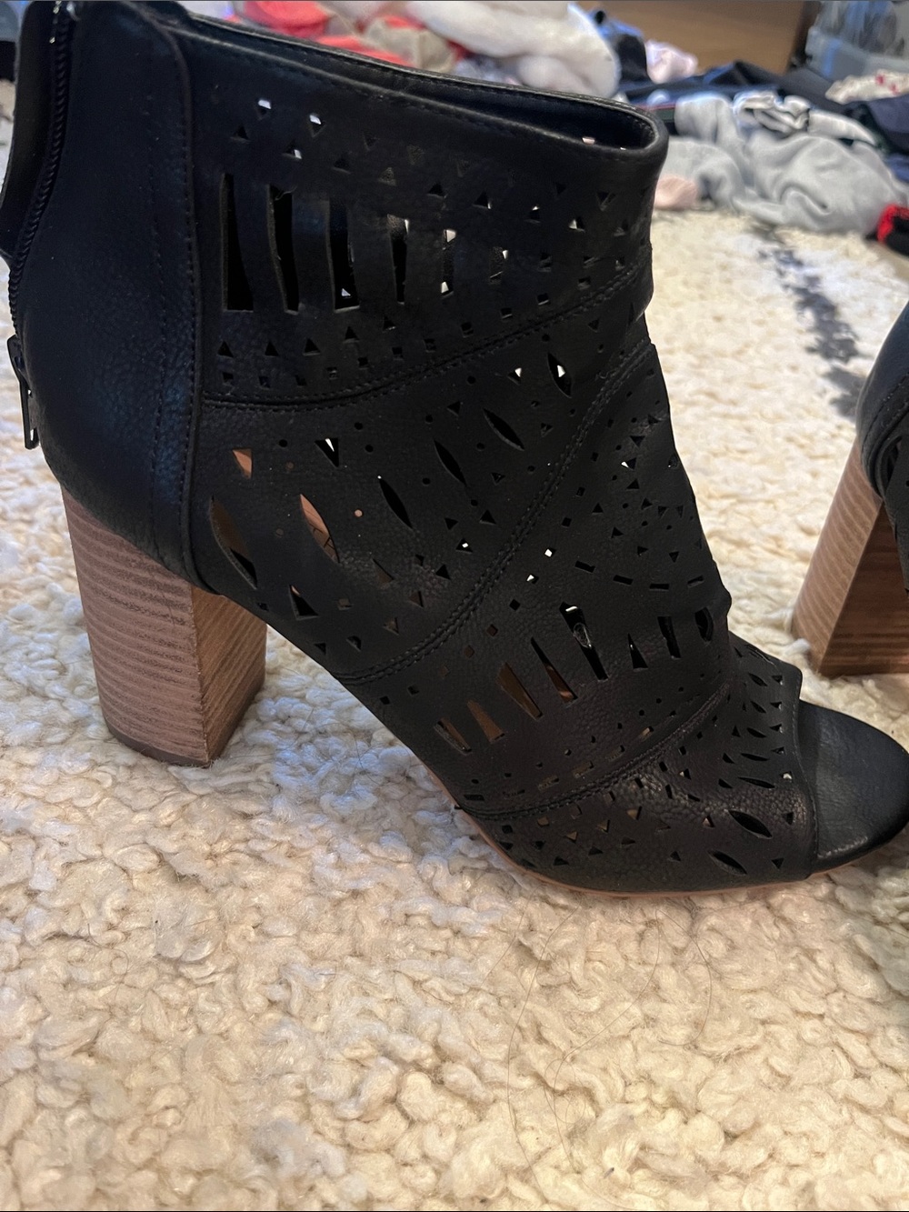 Laser-Cut Black Peep-Toe Block Heel peep toe black Booties